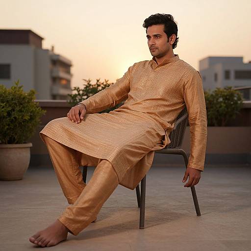 Photograph of a handsome South Asian man with curly black hair, wearing a gold, embroidered traditional kurta and pajama, sitting on a chair on