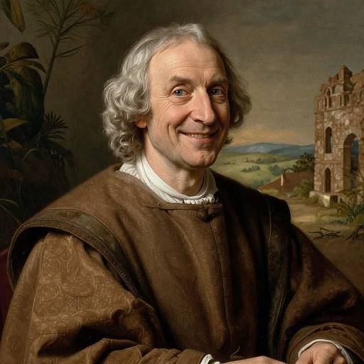 Photographic-style portrait of an elderly Caucasian man with wavy gray hair, smiling, wearing a brown, patterned robe, set against a detailed,