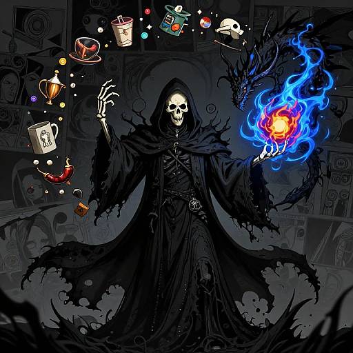 Digital illustration of a skeletal, dark-robed figure with blue flame in right hand, surrounded by floating objects in a cluttered, dark background.