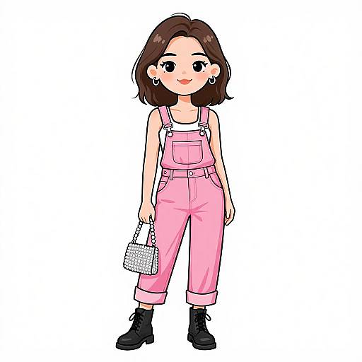 Digital cartoon of a cute young woman with short brown hair, wearing pink overalls, white tank top, black boots, and holding a white chain purse