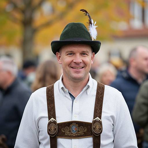 Man in Oktoberfest Costume with Feathered Hat
