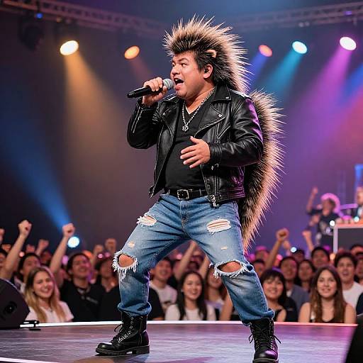 Photograph of an Asian male performer in a black leather jacket and spiked fur vest, singing into a microphone on stage. Audience cheers in colorful, dim
