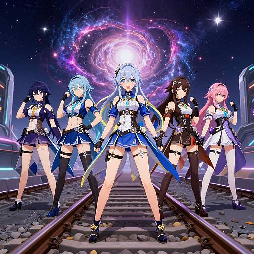 Digital anime artwork of five female characters with colorful hair, futuristic outfits, and thigh-high boots, standing on train tracks under a vibrant, galaxy-like sky