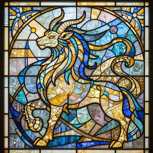 Vibrant stained glass artwork of a mythical golden lion with blue and yellow flowing mane, surrounded by circular and geometric patterns.