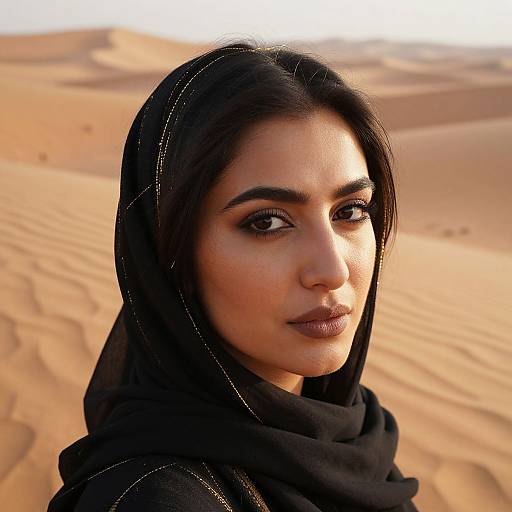 Photograph of a young woman with dark hair and brown eyes, wearing a black hijab, standing in a sunlit desert with golden sand dunes