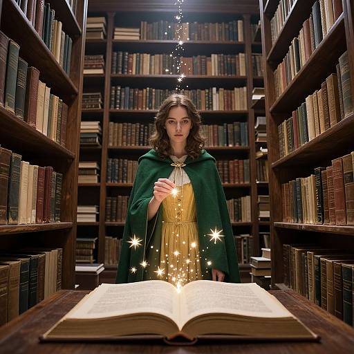 Photograph of a woman with wavy brown hair, green cloak, holding a glowing book, surrounded by bookshelves, with sparkling stars above.