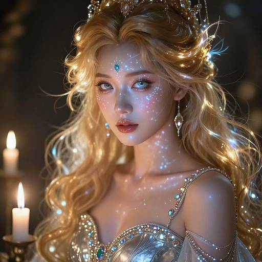 Digital painting of a radiant, fairy-like blonde woman with glowing star-like sparkles, wearing a sparkling silver dress, surrounded by candlelight.