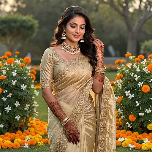 Photograph of a beautiful Indian woman with long black hair, wearing a gold-embroidered beige saree, traditional jewelry, and henna-ad