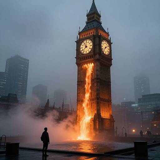 Photograph of London's Big Ben clock tower engulfed in bright orange flames, surrounded by thick smoke, against a foggy, twilight sky. Sil