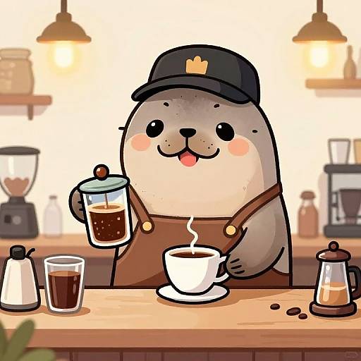Cute Seal Barista Making Coffee