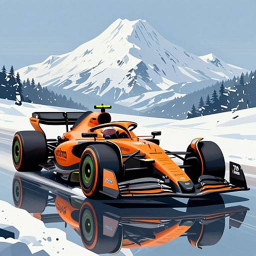 Digital art of an orange Formula 1 car with black accents, reflecting on icy snow, with a snow-capped mountain background.