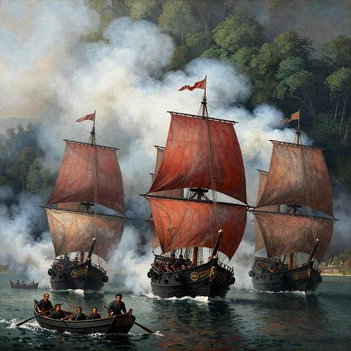 Historic Naval Scene with Emotive Rowers