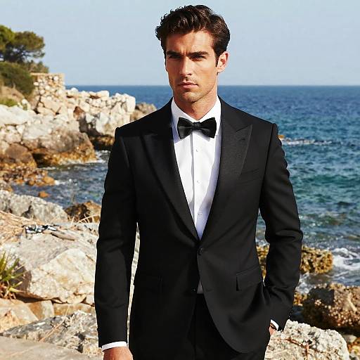 Handsome Man in Tuxedo by Rocky Coastline