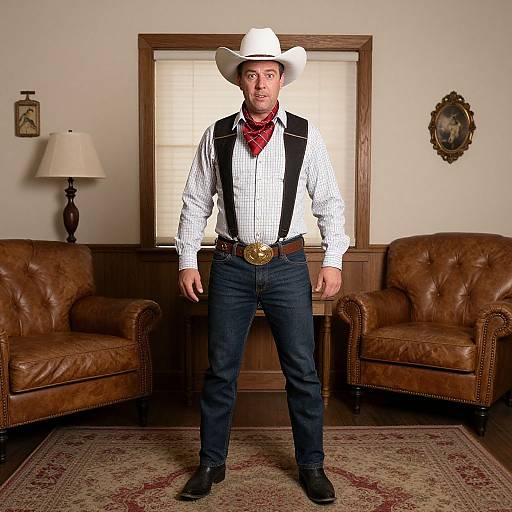 Photograph of a man in cowboy attire: white hat, checkered shirt, red bandana, black suspenders, jeans, belt buckle, standing