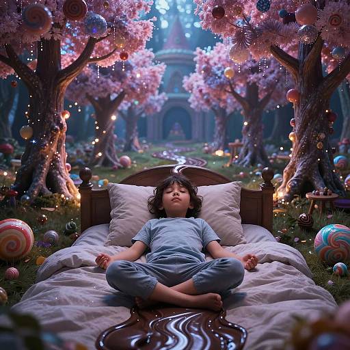 Child Meditating in Magical Candy Land