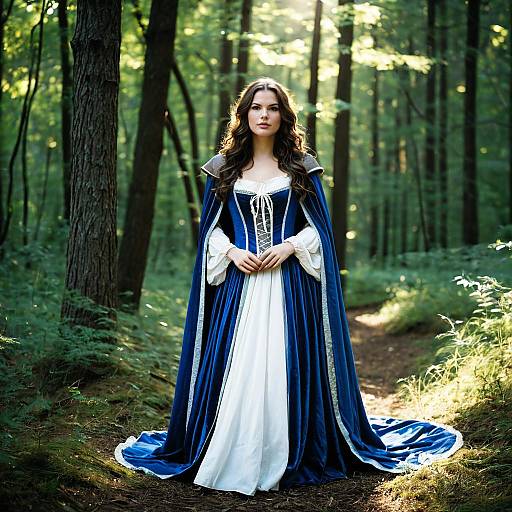 Woman in Medieval Blue Dress and Cloak in Forest