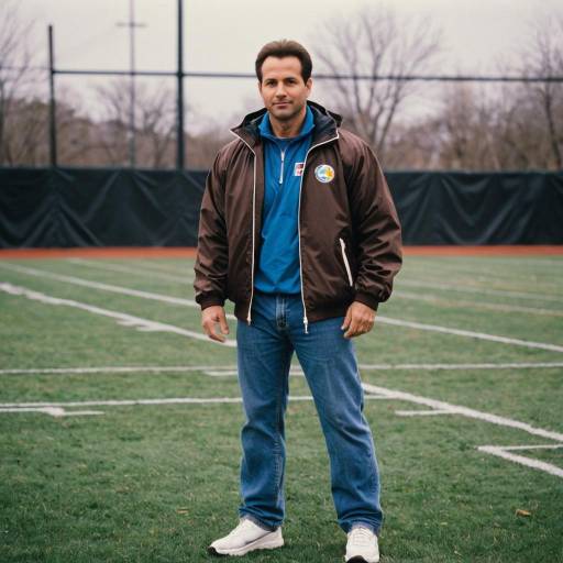 Middle-aged man in 1990s casual athletic attire on sports field