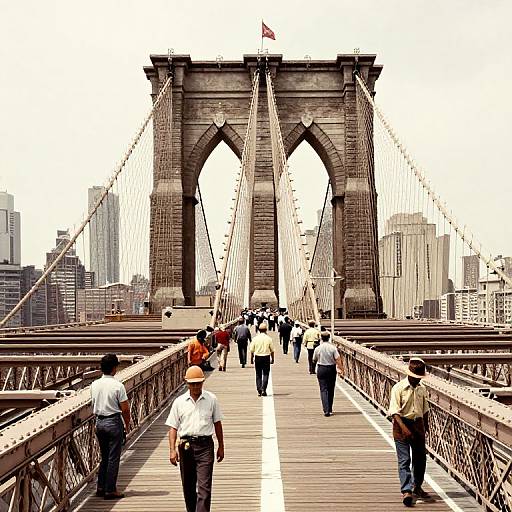 Photograph of Brooklyn Bridge walkway with diverse pedestrians, including men in hats and white shirts, against towering stone arches and urban skyline.