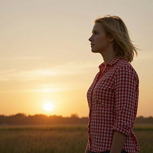Photograph of a blonde woman in a red checkered shirt standing in a sunlit field at sunset, profile view.