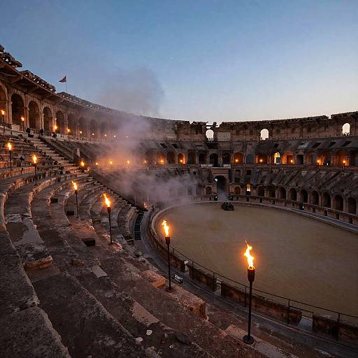 Photograph of an ancient Roman amphitheater at dusk, with lit torches, rising smoke, and a clear blue sky, showcasing circular seating and