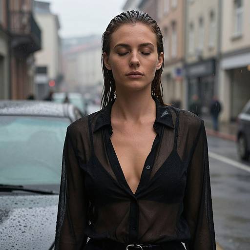 Photograph of a wet, brunette woman with closed eyes, wearing a sheer black blouse, standing in a rainy urban street.