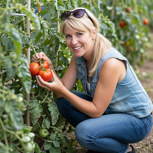 Blonde woman in denim sleeveless vest and blue jeans, crouching in tomato garden, smiling while holding ripe red tomatoes. Sunglasses on head
