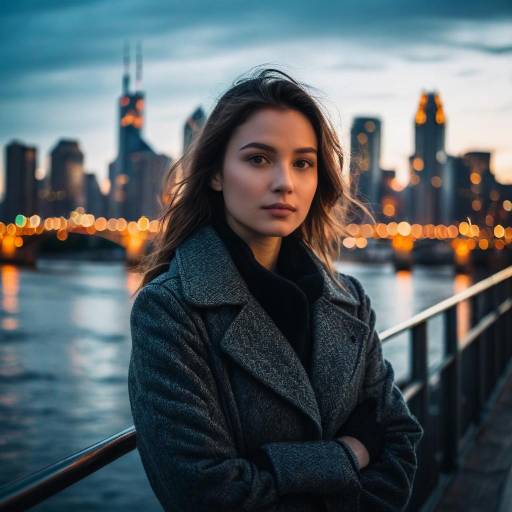 Young Woman on Bridge at Dusk with City Skyline