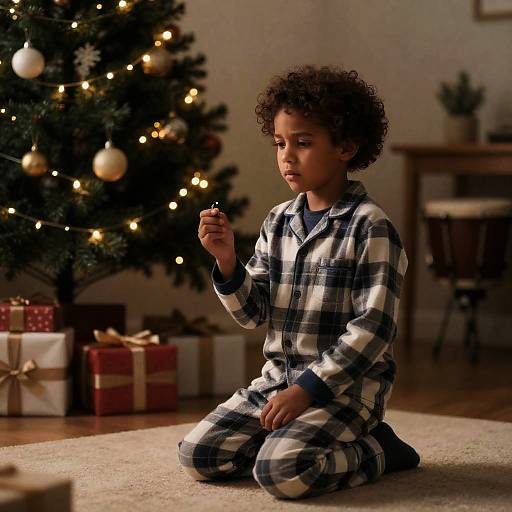 Worried Boy by the Christmas Tree