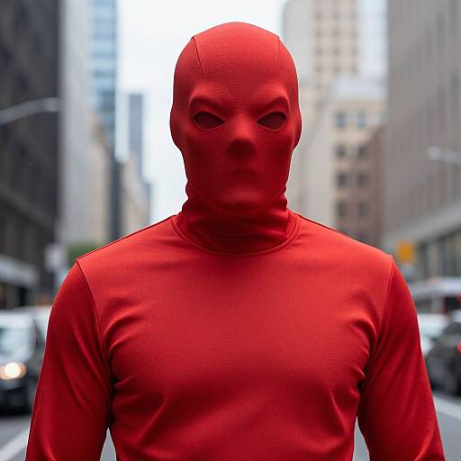 Photograph of a masked man in a bright red outfit, standing in a blurred urban street with tall buildings, wearing a tight-fitting red hooded