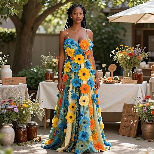 Photograph of a dark-skinned woman with braided hair wearing a vibrant blue and yellow flower-covered dress, standing in a sunlit garden with floral
