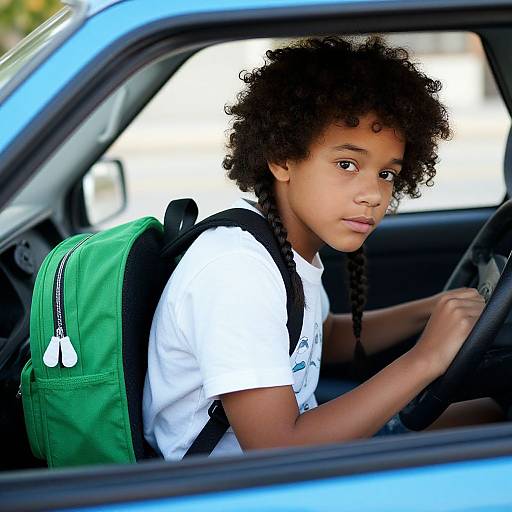 Photograph of a young Black boy with curly hair, wearing a white t-shirt and green backpack, sitting in a blue car, gripping the steering wheel