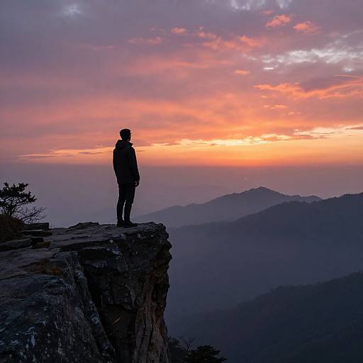 Silhouetted hiker stands on rocky cliff at sunset, surrounded by purple and orange sky, with distant mountain ranges in the background. Photograph.