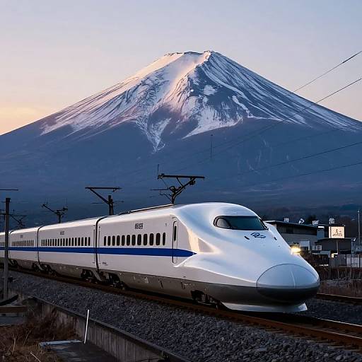 Photograph of a sleek, white Shinkansen bullet train speeding through a snowy landscape with Mount Fuji in the background at dusk.