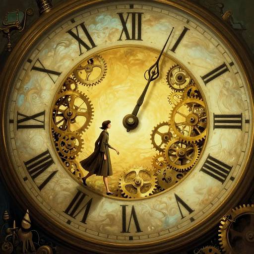 Steampunk-style digital art: Silhouetted woman in Victorian dress stands on clock face with golden gears, black Roman numerals, glowing yellow