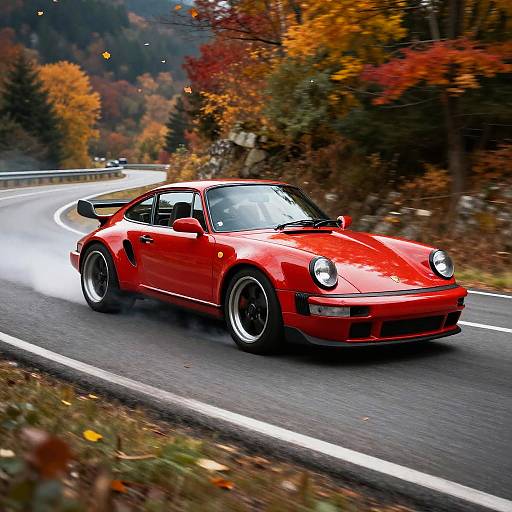 Photograph of a vibrant red sports car, with a large rear spoiler, speeding down a winding autumn road surrounded by colorful fall foliage.