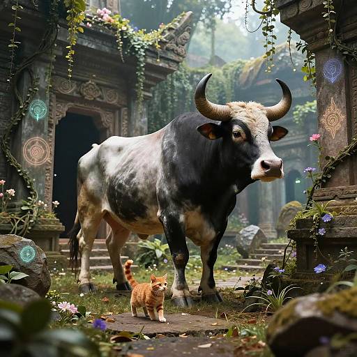 Photorealistic CGI of a large black-and-white bull with curved horns standing in an overgrown, mystical temple ruin, next to a small orange tab