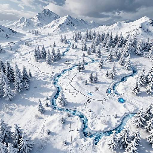 Aerial photograph of a snowy mountain landscape with snow-covered pine trees, winding blue river, and jagged peaks under a cloudy sky.