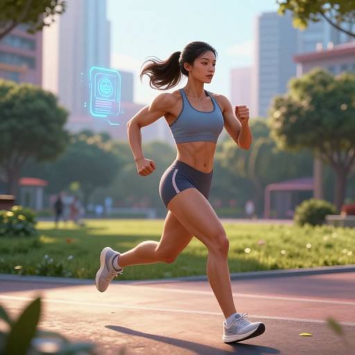 Digital artwork of a muscular, athletic woman with dark hair, wearing a blue sports bra and shorts, running in a sunny urban park with a holographic