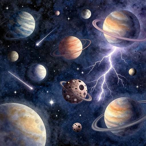 Watercolor Style Cosmic Scene with Planets and Lightning
