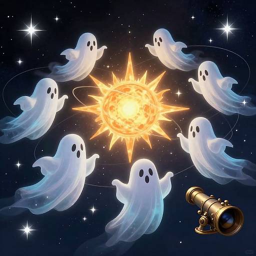 Digital illustration of six white ghost spirits with black eyes circling a bright, glowing sun in a starry night sky, with a brass telescope in the