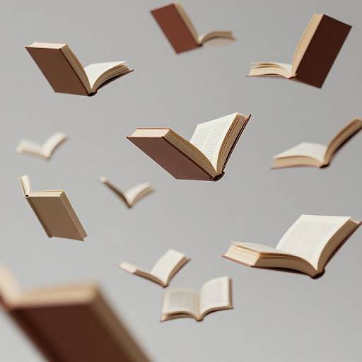 Photograph of floating, open books with gold edges, scattered against a pale blue background, creating a whimsical, ethereal scene.