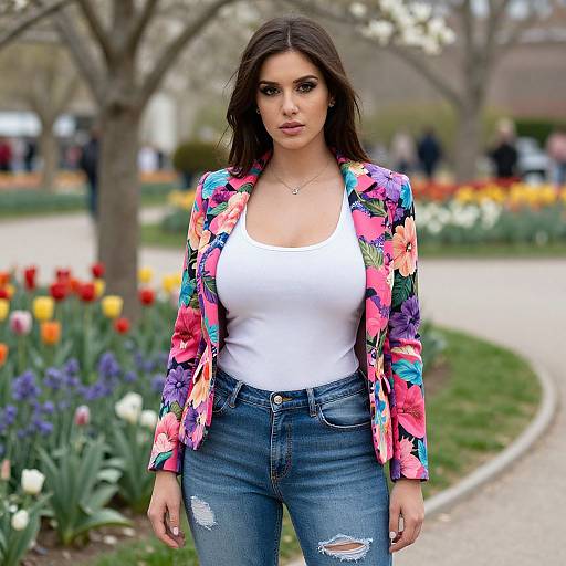 Photograph of a brunette woman with long hair, wearing a floral jacket, white tank top, and ripped jeans, standing in a colorful spring garden with