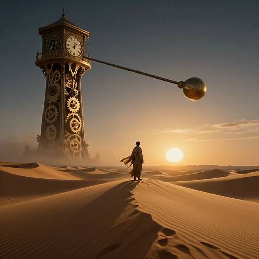 Silhouetted figure in desert, wearing long robe, walks towards a giant clock tower with gears, and a long arm with a sphere, at