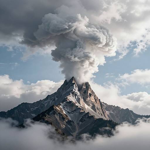 Photograph of a towering, snow-capped mountain with dark gray, billowing smoke cloud rising from its peak, set against a bright blue sky with