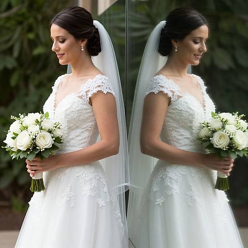 Photograph of a smiling bride in a white lace wedding dress with floral bouquet, veil, and dark hair, reflected in glass.