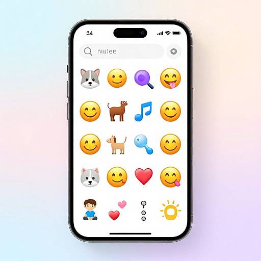 Photograph of a smartphone displaying a grid of colorful animal and emoji icons, including a gray dog, brown dog, purple speech bubble, and red heart