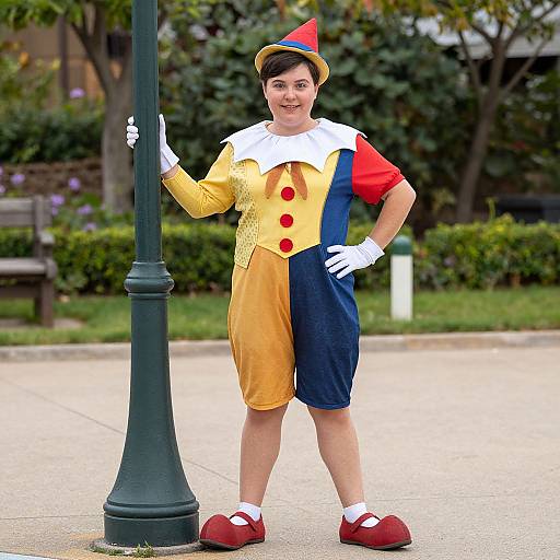 Photograph of a smiling person in a colorful clown costume, standing beside a green lamppost in a park, with trees and bushes in the background