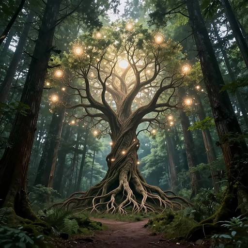 Fantastical forest scene: large, twisted tree with glowing lanterns hanging from branches, surrounded by tall redwoods and lush greenery, illuminated by