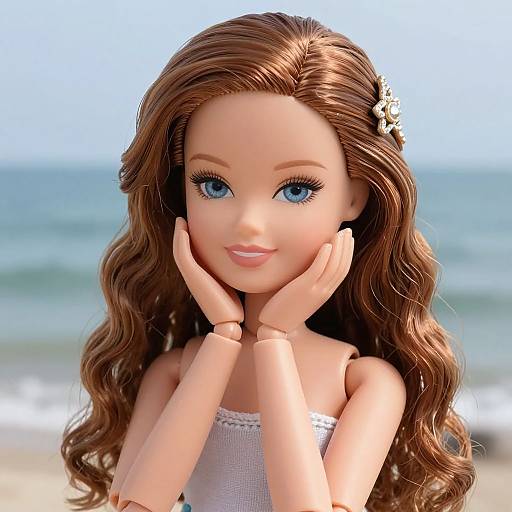 Photorealistic CGI of a smiling, blue-eyed, brown-haired doll with wavy hair, white flower hairpin, white strapless top, hands