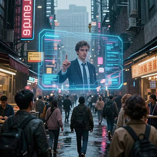 Photorealistic CGI: Floating, neon-blue hologram of a man in a suit points ahead in a busy, neon-lit, rainy city street